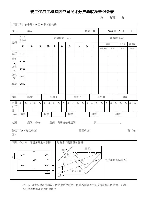 竣工住宅工程室内空间尺寸分户验收检查记录表