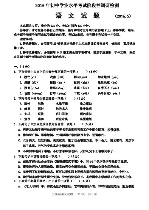 2016年,中考,济南市XX区,二模,语文试题,答案,模拟试卷