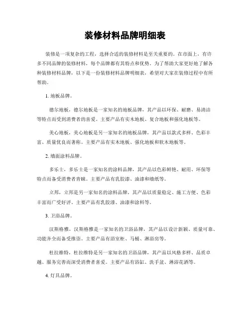 装修材料品牌明细表
