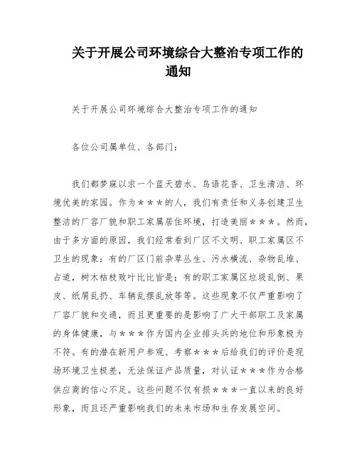 关于开展公司环境综合大整治专项工作的通知