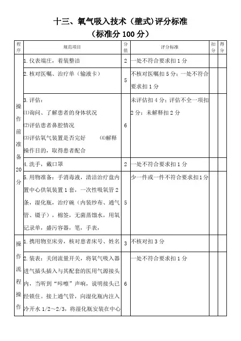 十三.氧气吸入技术(壁式)评分标准