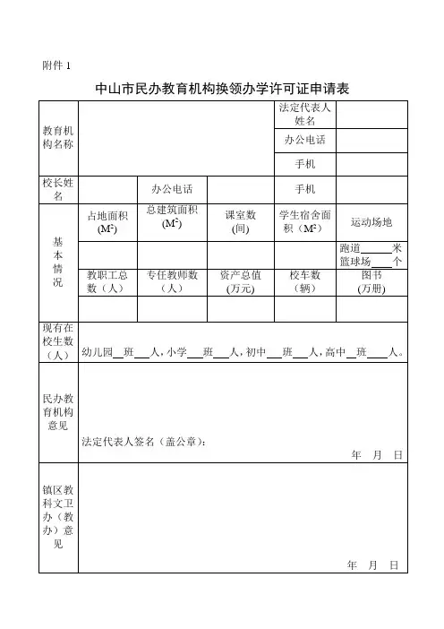 中山市民办教育机构换领办学许可证申请表