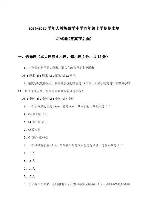 2024-2025学年人教版小学六年级上学期期末数学试卷及解答参考