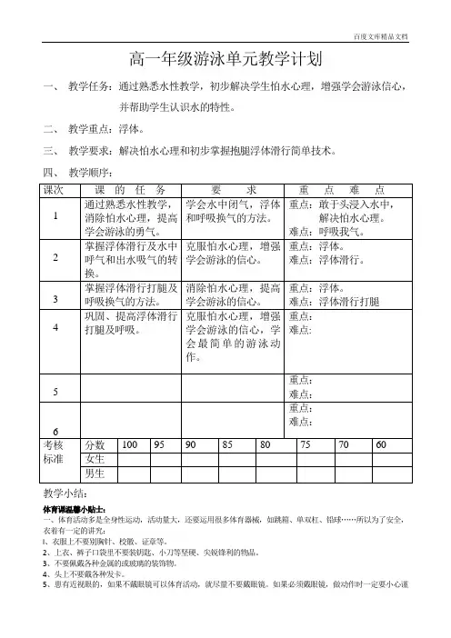 高一体育与健康教案-游泳