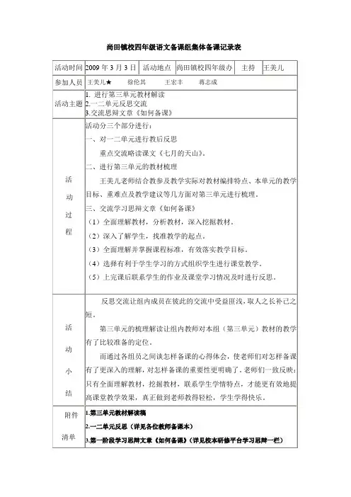 尚田镇校四年级语文备课组集体备课记录表