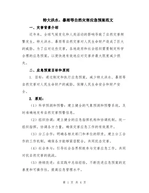 特大洪水、暴雨等自然灾害应急预案范文