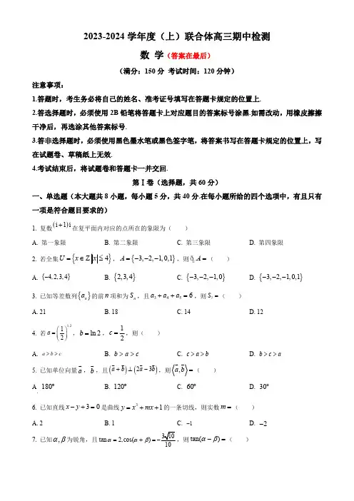 辽宁省沈阳市重点高中联合体2023-2024学年高三上学期期中考试 数学含解析