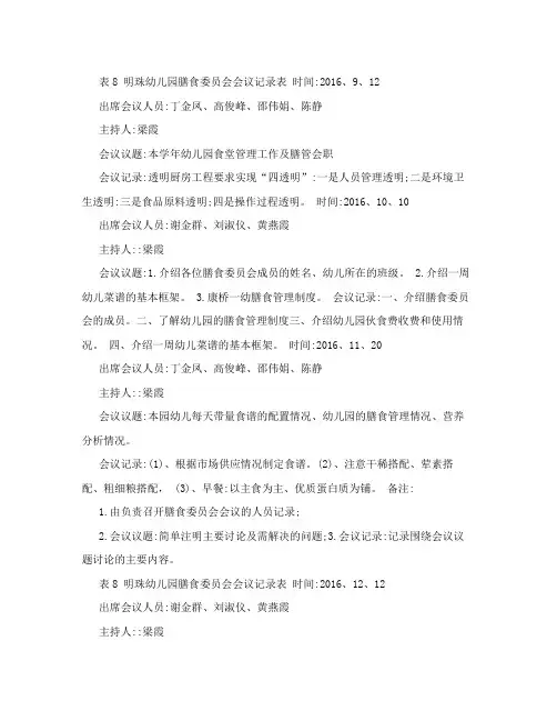表8  明珠幼儿园膳食委员会会议记录表