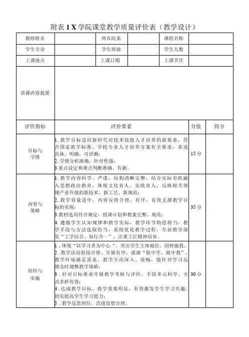 X学院课堂教学质量评价表实用模板建议收藏