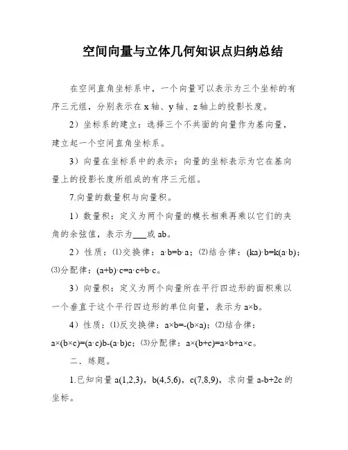 空间向量与立体几何知识点归纳总结