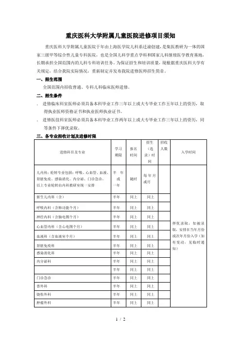 重庆医科大学附属儿童医院进修项目须知
