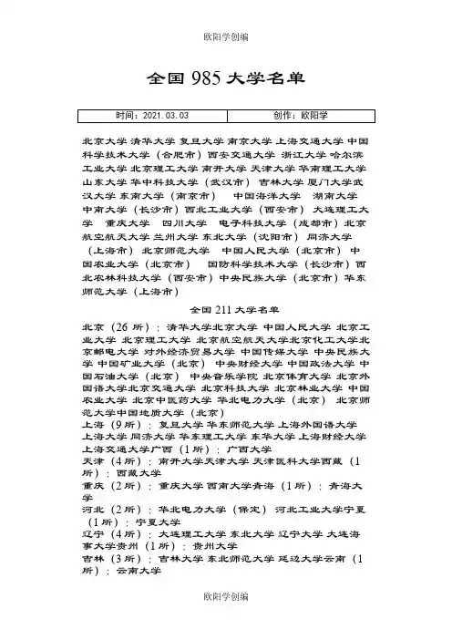 全国985211大学名单排名之欧阳学创编