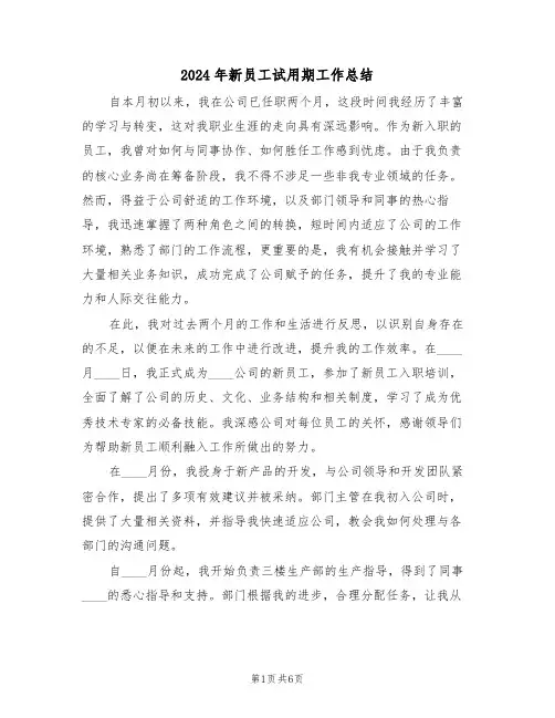 2024年新员工试用期工作总结（三篇）
