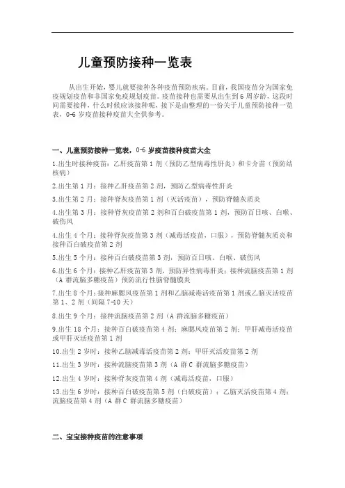 儿童一类疫苗接种表