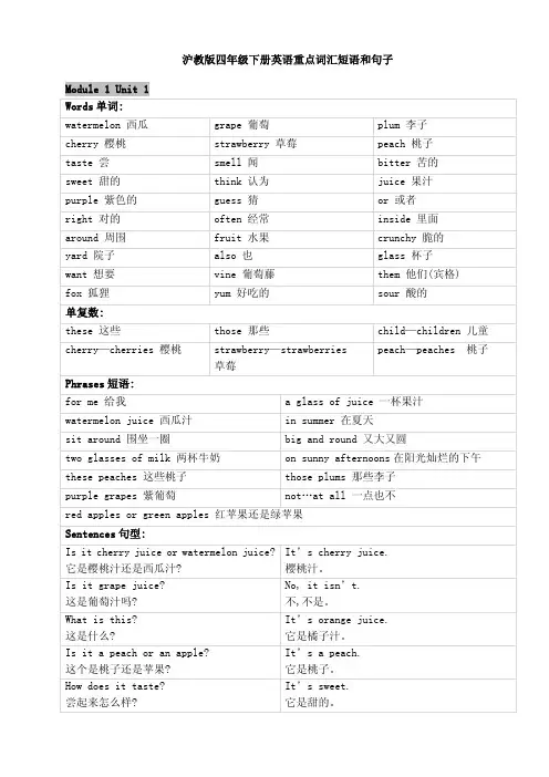 沪教版四年级下册英语重点词汇短语和句子复习课程