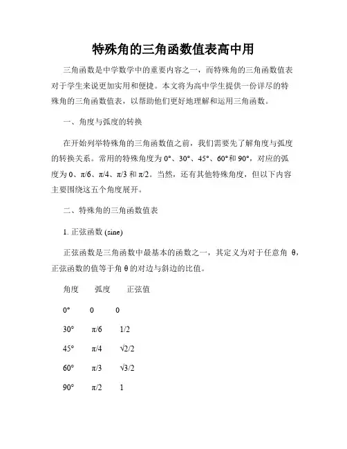 特殊角的三角函数值表高中用