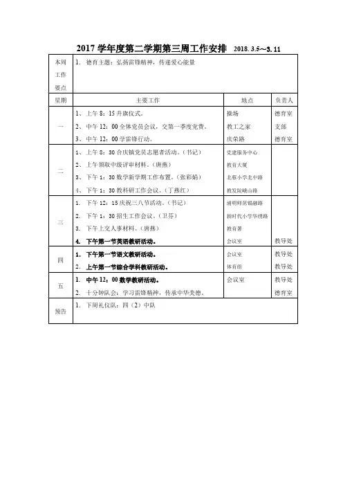 2017学年度第二学期第三周工作安排 2018. 3.5~3.11
