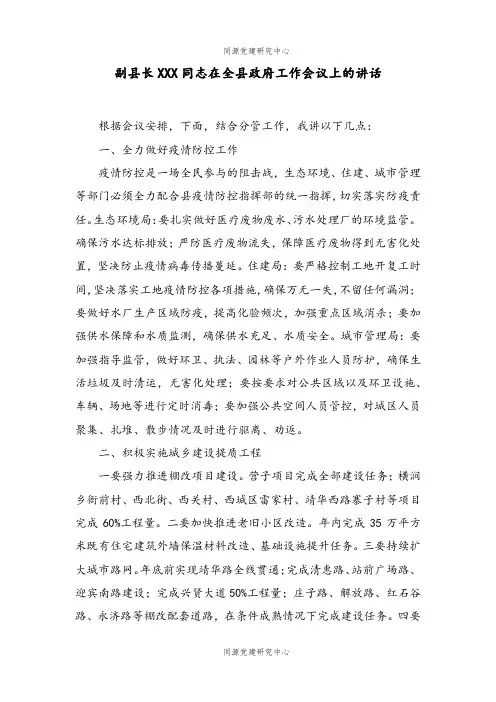 副县长XXX同志在全县政府工作会议上的讲话