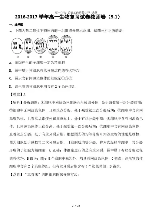高一生物 孟德尔的遗传定律 试题