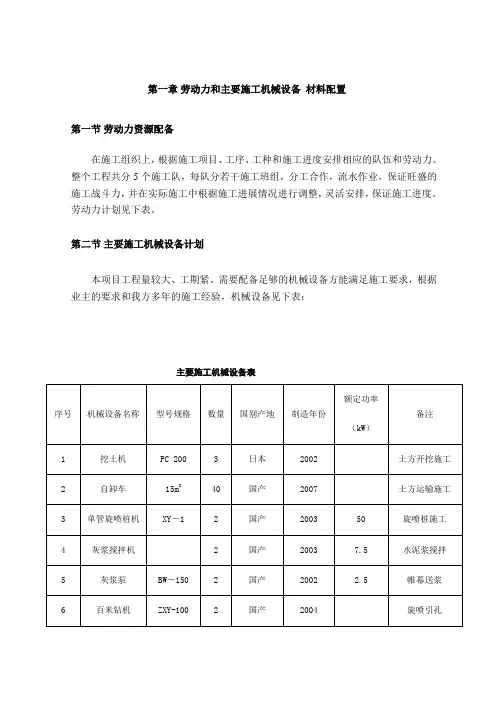 基坑支护工程劳动力和主要施工机械设备 材料配置