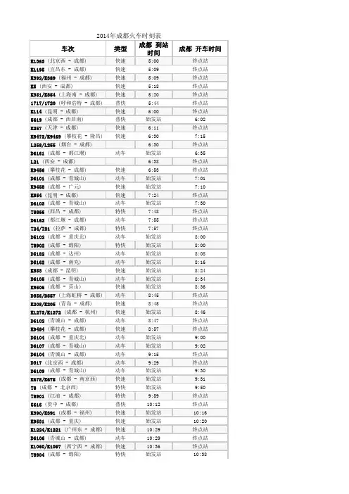 2014年最新成都火车时刻表