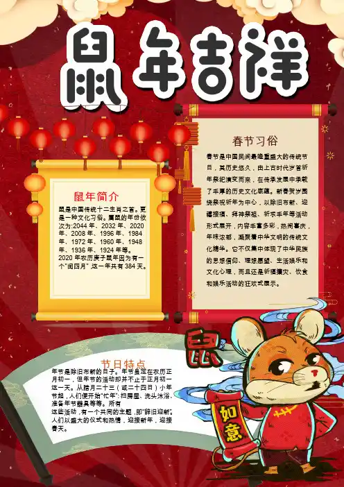 红色竖版鼠年吉祥小报word手抄报