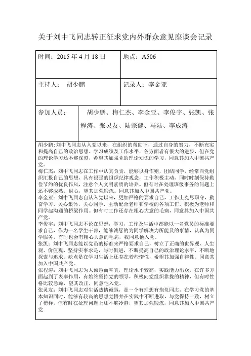 关于XXX 同志转正征求党内外群众意见座谈会记录