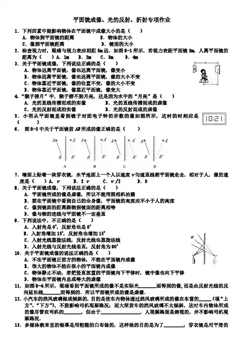 平面镜成像、光的反射、折射专项作业