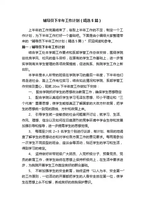 辅导员下半年工作计划（精选5篇）