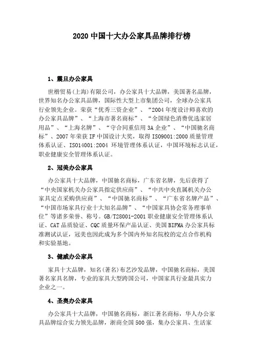 2020中国十大办公家具品牌排行榜