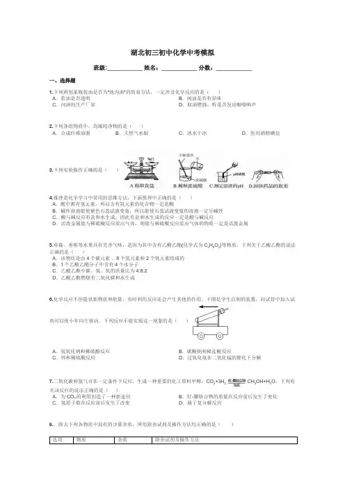 湖北初三初中化学中考模拟带答案解析
