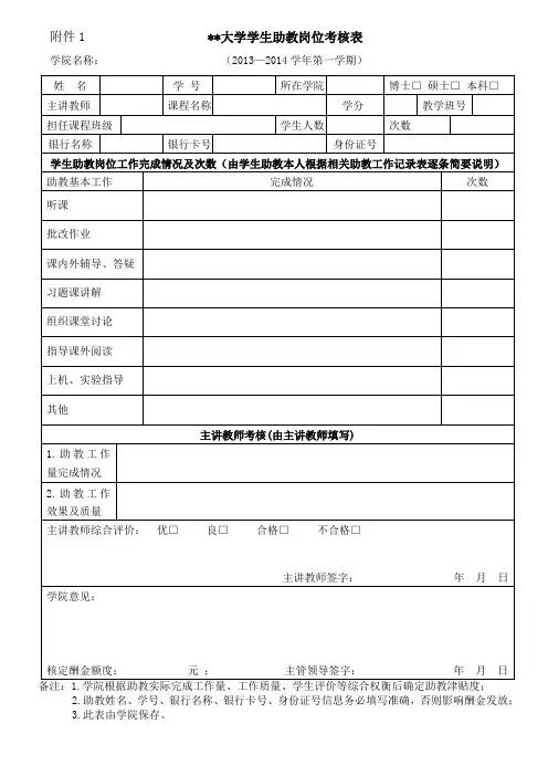 学生助教岗位考核表