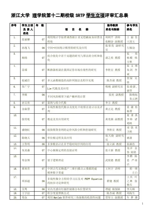 浙江大学理学院第十二期校级srtp学生立项评审汇总表