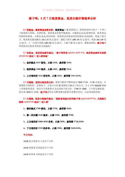 陈子鸣 现货白银现货黄金行情走势分析参考Word