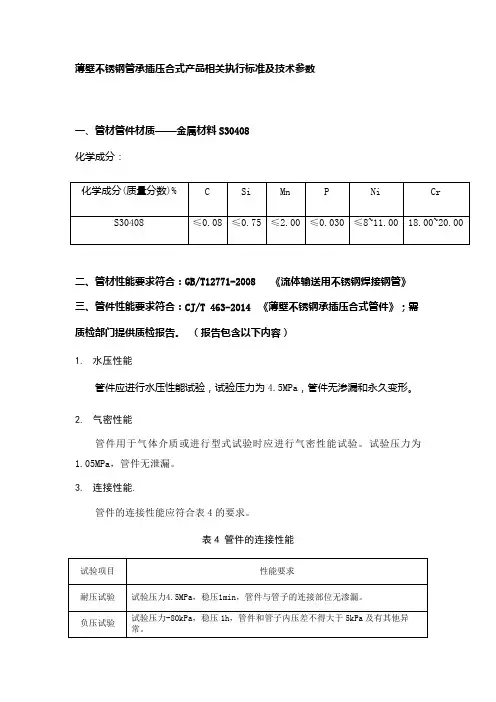 薄壁不锈钢管承插压合式产品相关执行标准及技术参数