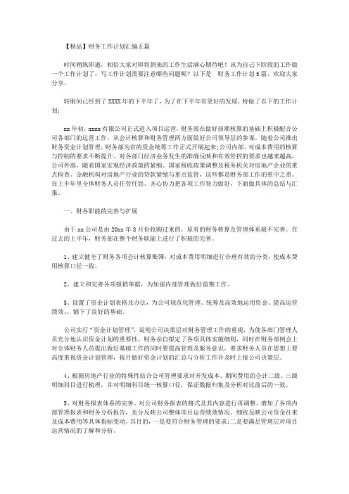 2020年【精品】财务工作计划汇编五篇