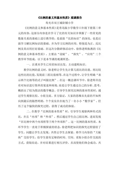 小学青岛版数学《比例的意义和基本性质》观课报告