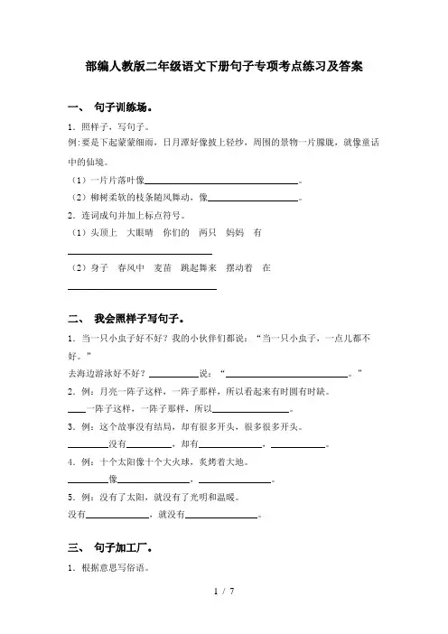 部编人教版二年级语文下册句子专项考点练习及答案