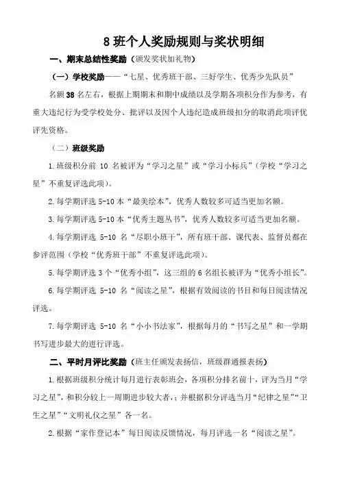 2023年小学班级个人奖励规则与奖状明细