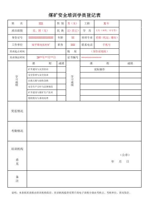 煤矿安全培训学员登记表(管理人员)