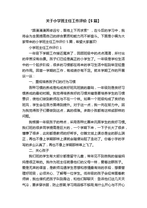 关于小学班主任工作评价【5篇】