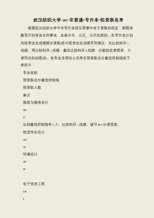 武汉纺织大学2017年普通“专升本”拟录取名单