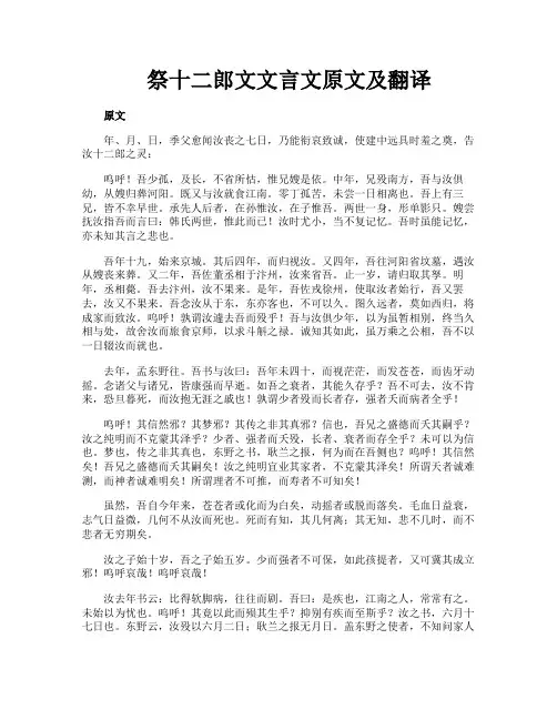 祭十二郎文文言文原文及翻译