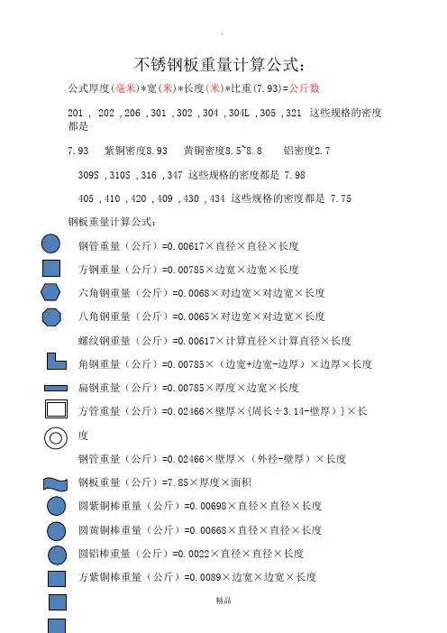 不锈钢板重量计算公式：