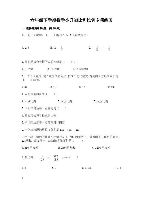 六年级下学期数学小升初比和比例专项练习及答案(各地真题)