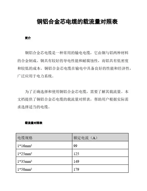 铜铝合金芯电缆的载流量对照表