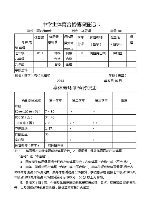 中学生体育合格情况登记卡a