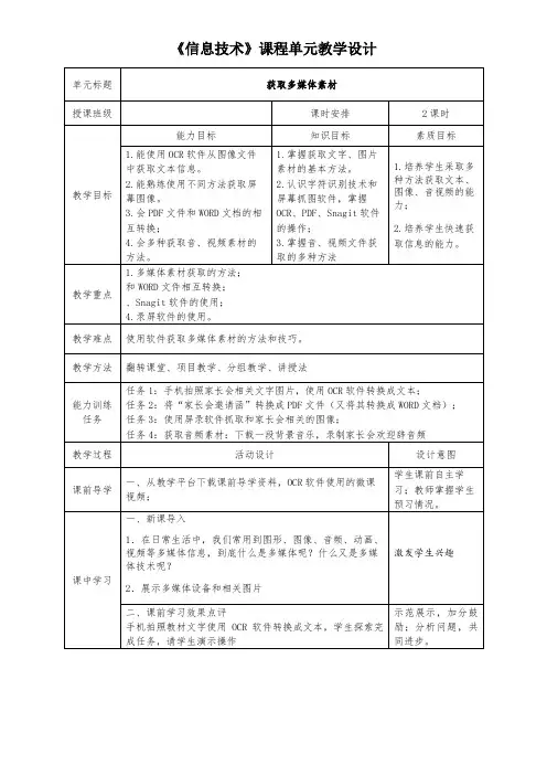 初中信息技术人教(Windows P版)七年级上册第2章 获取多媒体素材获取多媒体素材教案