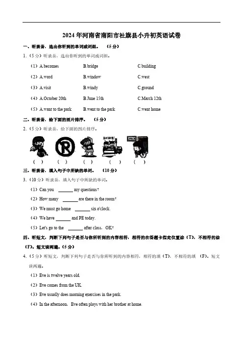 2024年河南省南阳市社旗县小升初英语试卷( 含笔试答案解析,无听力原文,无音频)