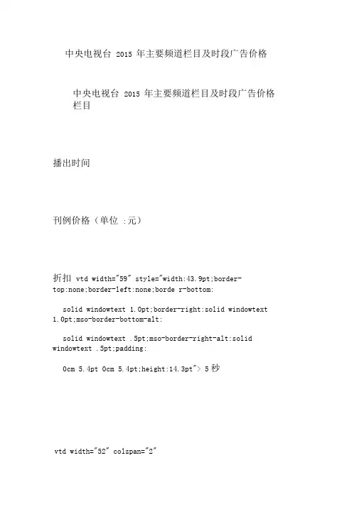 中央电视台2015年主要频道栏目及时段广告价格